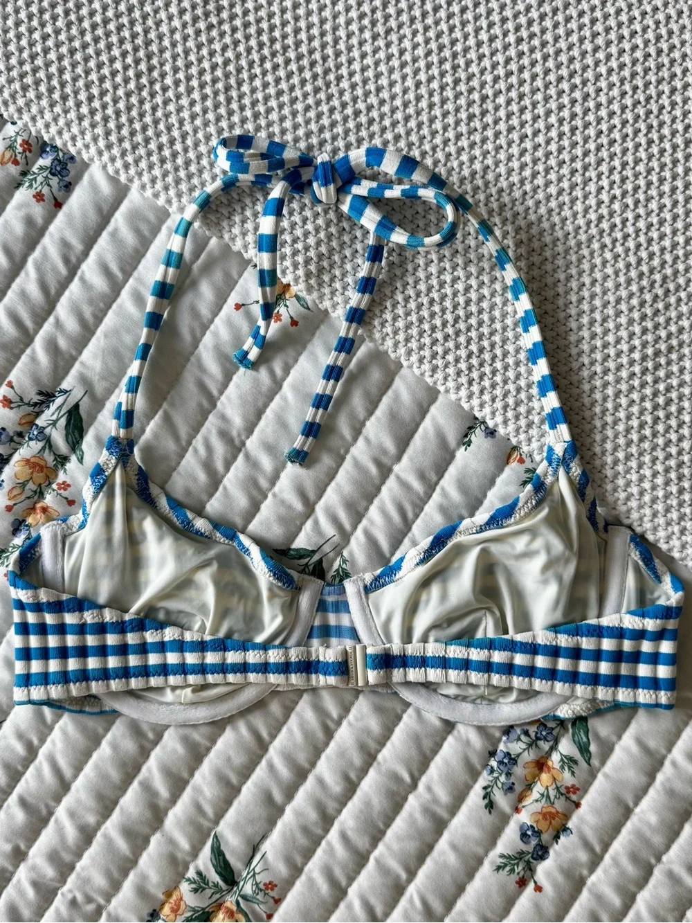 Solid & Striped The Ginger Tie Ribbed Stripe Bikini Set, Blue & Cream – M / L